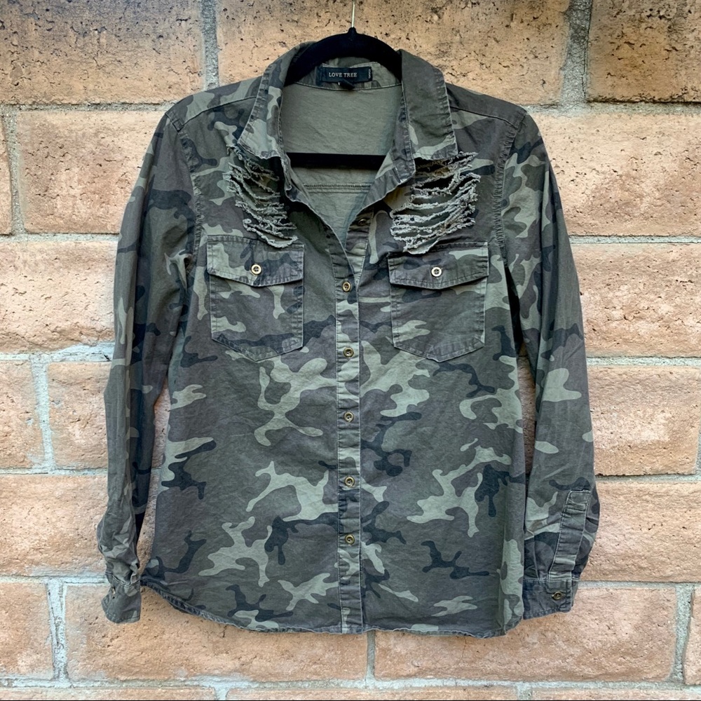 Distressed camo button down